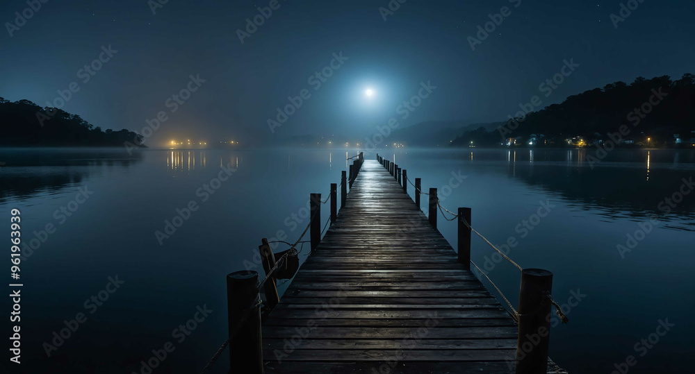 Fototapeta premium Foggy dock over dark water at night background