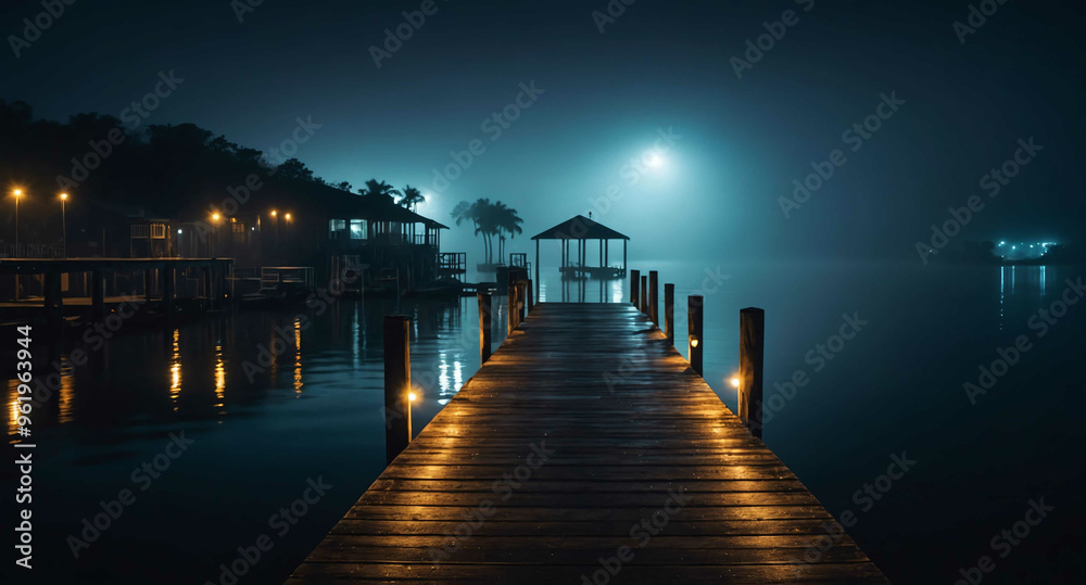Fototapeta premium Foggy dock over dark water at night background