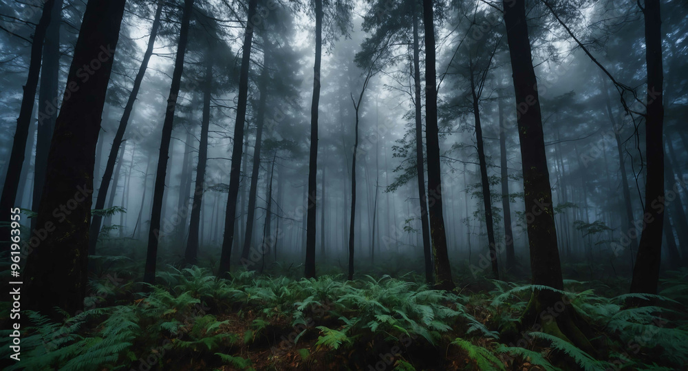 Fototapeta premium Foggy forest eerie silence abstract background