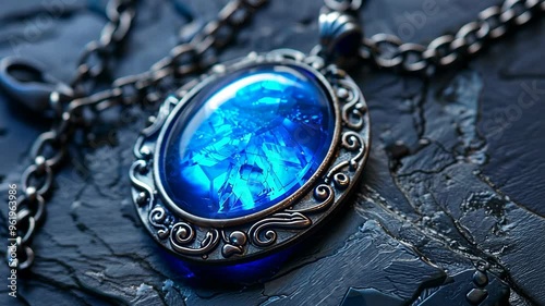 Exploring the intricate design of a vintage blue gemstone pendant on a textured dark surface