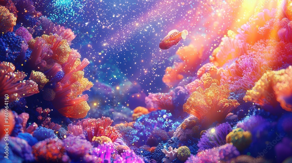 A vibrant 3D illustration of a comet-filled coral reef glowing with cosmic light, pastel isolated background, 100% A vibrant 3D illustration of a comet-filled coral reef glowing with cosmic light, pastel isolated background, 100%