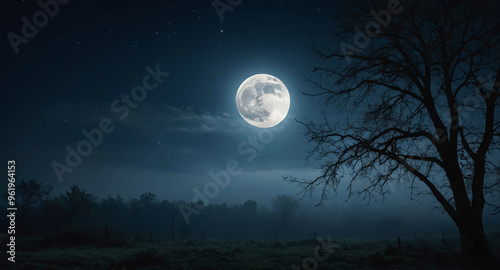 Foggy full moon night sky abstract background