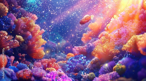 A vibrant 3D illustration of a comet-filled coral reef glowing with cosmic light, pastel isolated background, 100%