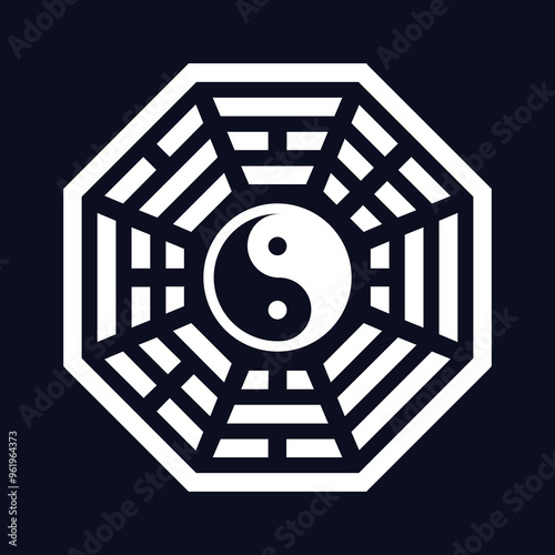 Bagua sign. Yin yang symbol on a dark background. The eight trigrams of Bagua