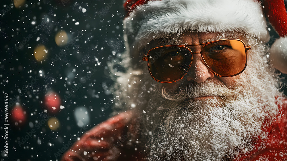 Portrait of Santa Claus wearing sunglasses in snowy background for Christmas with copy space Portrait of Santa Claus wearing sunglasses in snowy background for Christmas with copy space