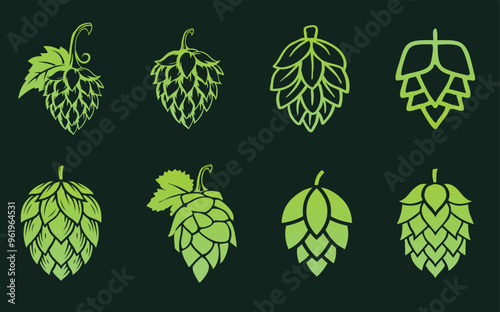 Green silhouette of hops for beer logo. Set of different hop flowers. Hops icon on a dark background