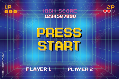 PRESS START. pixel art .8 bit game. retro game. for game assets .Retro Futurism Sci-Fi Background. glowing neon grid. and stars from vintage arcade computer games