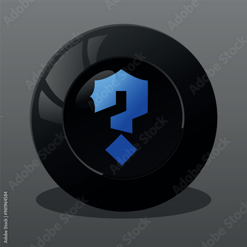 Magic 8 ball. Oracle ball, magic eighth ball. Illustration of a black magic fortune teller ball with a blue question mark inside.