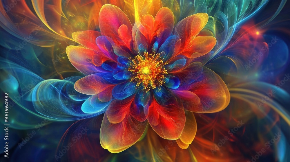 Otherworldly vibrant flower blooms against a kaleidoscopic background, radiating red, blue, yellow, purple, and green luminescent tendrils of light