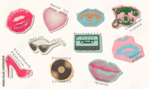 Halftone vintage sticker set. Collage paper elements in a pop art style and inscriptions. Retro template for banner, poster, card. Contemporary vector illustration.
