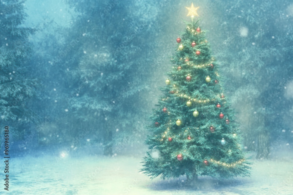 A beautiful Christmas tree glowing with warm lights stands in the middle of a snow-covered forest, topped with a shining star. Snow gently falls around. A beautiful Christmas tree glowing with warm lights stands in the middle of a snow-covered forest, topped with a shining star. Snow gently falls around.