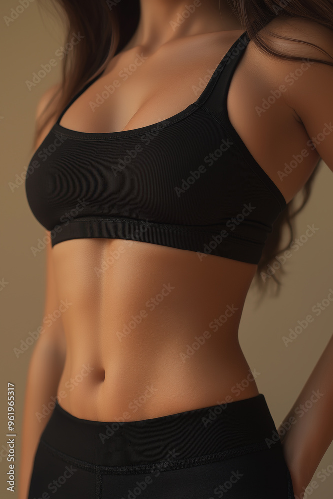 Close-up of a toned female body in shorts and a sports shirt, revealing her beautiful abs and muscles. Fitness and healthy lifestyle concept Close-up of a toned female body in shorts and a sports shirt, revealing her beautiful abs and muscles. Fitness and healthy lifestyle concept