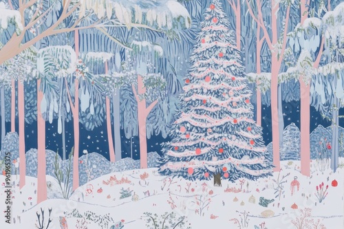 An artistic winter illustration depicting a snow-covered forest at night, centered around a beautifully decorated Christmas tree. The tree is adorned with delicate ornaments, surrounded by softly fall photo