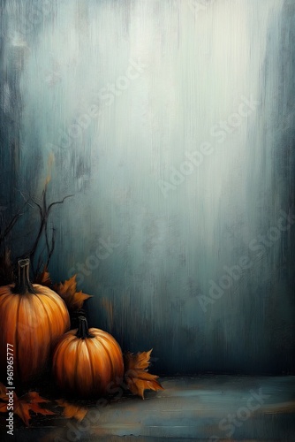 two pumpkins leaves table gray background haunting spooky oil linen inspiring pouring thick impasto technique mystifying