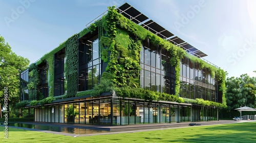 Sustainable building with solar panels and green walls