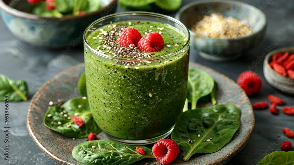 Delicious green smoothie garnished with fresh raspberries and superfoods for a healthy boost Delicious green smoothie garnished with fresh raspberries and superfoods for a healthy boost