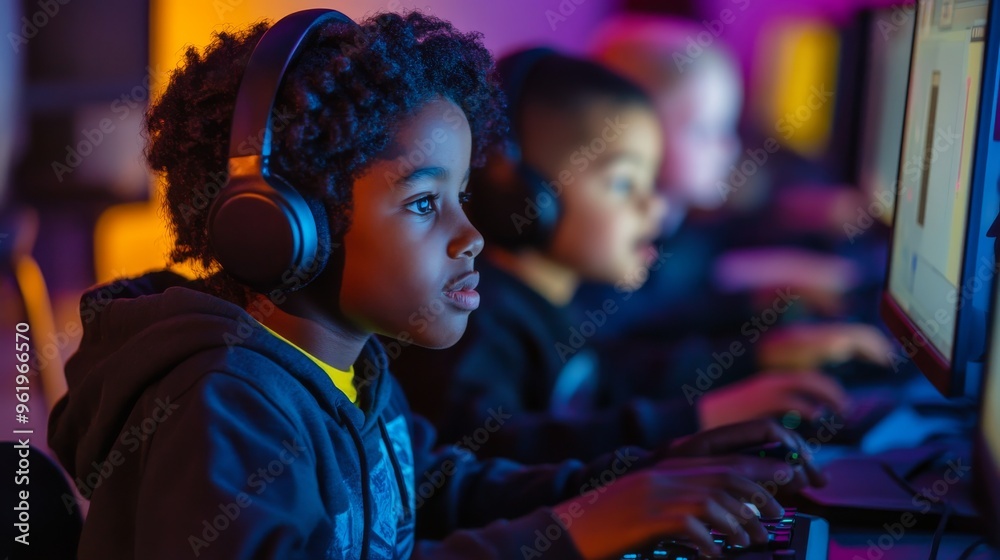 Obraz premium Young Gamer With Headphones Concentrating On The Game.