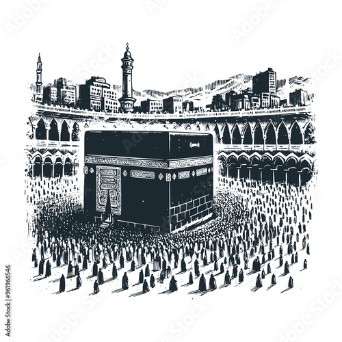 The arabic bedouin male and kaaba in mecca. National day illustration. Vector.
