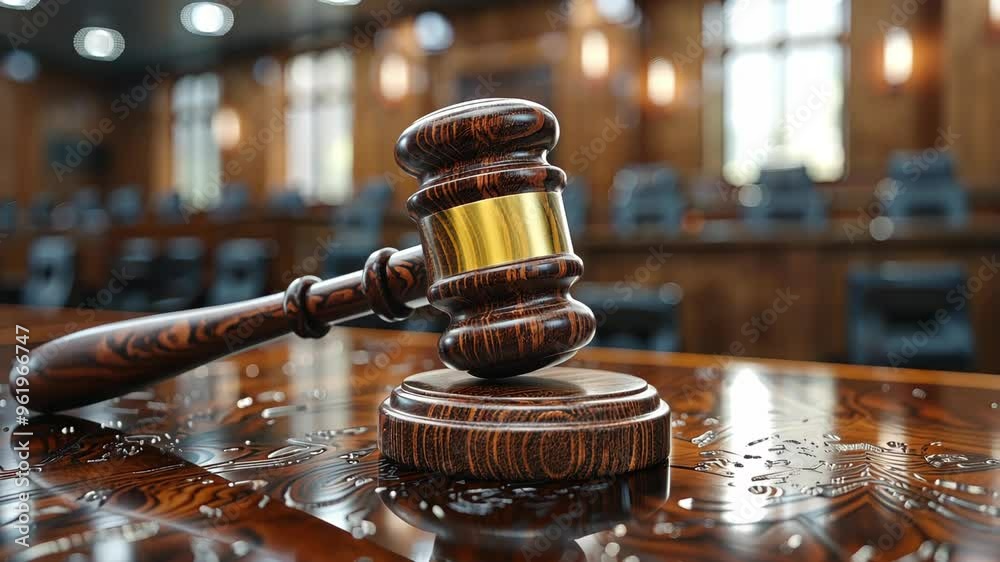 Judge's gavel resting on wooden table in courtroom during a session discussing legal matters Judge's gavel resting on wooden table in courtroom during a session discussing legal matters