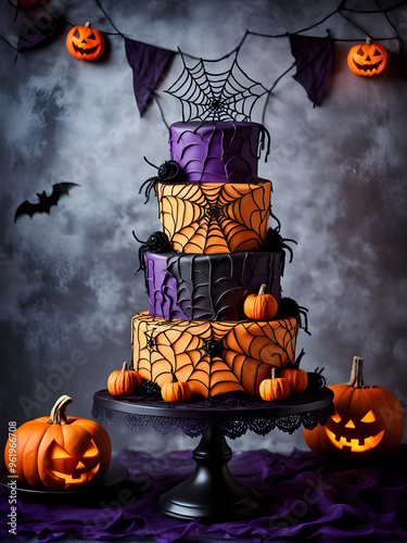 Halloween Themed Cake with Spider Webs and Pumpkins photo