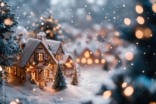 Snowy Village at Night with Illuminated Houses and Christmas Trees