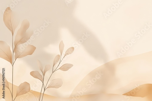 Abstract Beige Background with Delicate Branch and Leaves