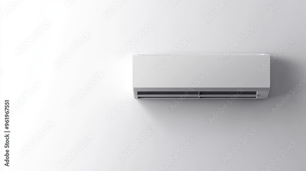 Sleek air conditioner mounted on a white wall, maximizing temperature efficiency in a clean, minimalist space, perfect for a cooling solution Sleek air conditioner mounted on a white wall, maximizing temperature efficiency in a clean, minimalist space, perfect for a cooling solution