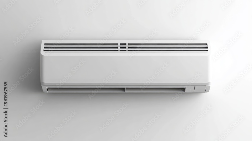Sleek air conditioner mounted on a white wall, maximizing temperature efficiency in a clean, minimalist space, perfect for a cooling solution Sleek air conditioner mounted on a white wall, maximizing temperature efficiency in a clean, minimalist space, perfect for a cooling solution