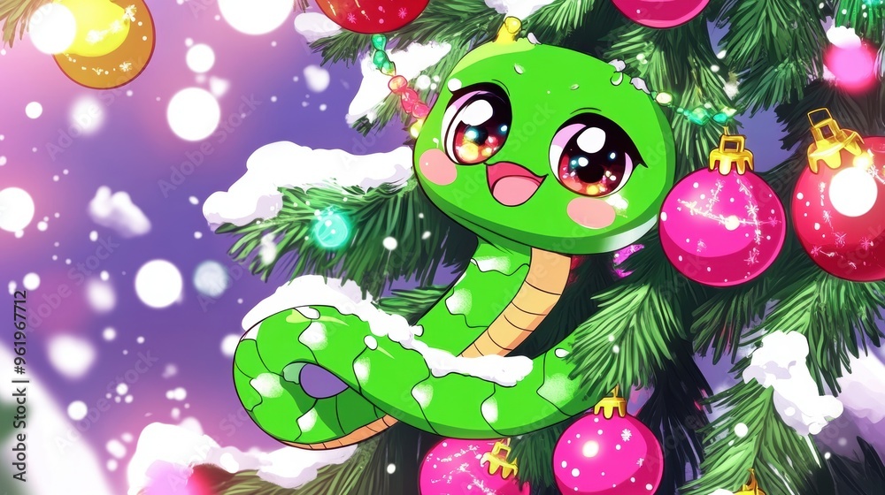 Naklejka premium Illustration for a greeting or postcard for the new year 2025 of the female green wood snake