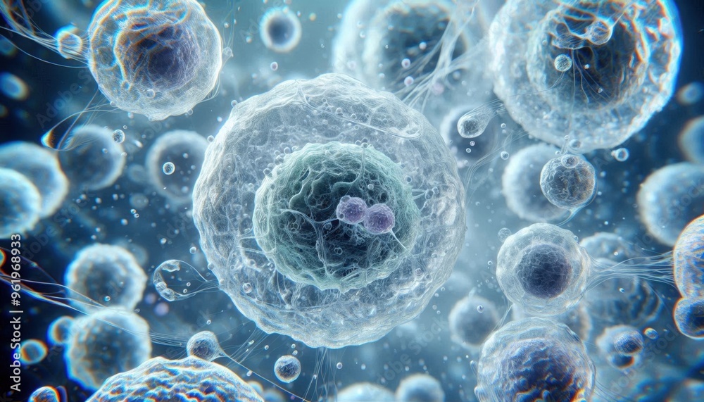 Detailed 3D Visualization of Human Cells Under the Microscope: Exploring Cellular Structures.