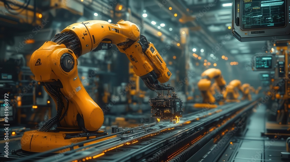 futuristic manufacturing facility robotic arms assembling products conveyor belts snaking through vast space holographic displays monitoring progress futuristic manufacturing facility robotic arms assembling products conveyor belts snaking through vast space holographic displays monitoring progress
