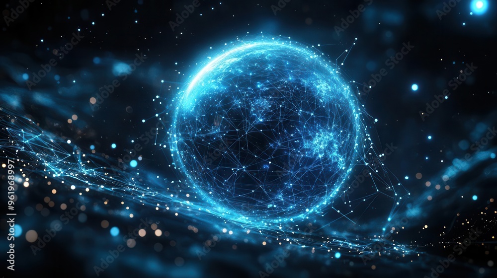Obraz premium futuristic holographic globe intricate data streams glowing connection points translucent blue interface floating in dark space