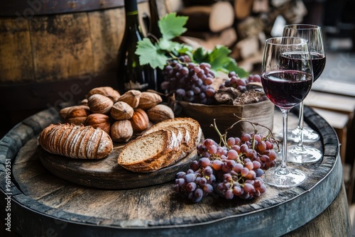 Wine tasting in South Tyrol with Schuettelbrot crunchy rye bread and roasted chestnuts served on a wine barrel photo