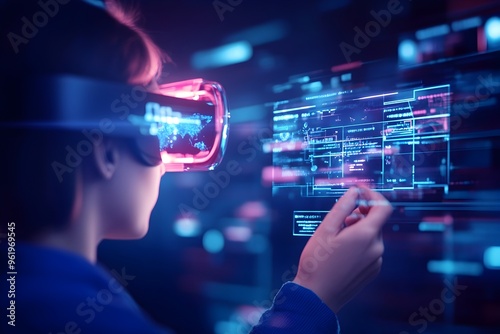 Futuristic person browsing a virtual reality shopping environment filled with holographic product displays representing the future of online retail and Cyber Monday shopping experiences