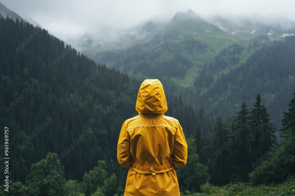 Woman in raincoat enjoying rainy mountain scenery from behind Woman in raincoat enjoying rainy mountain scenery from behind