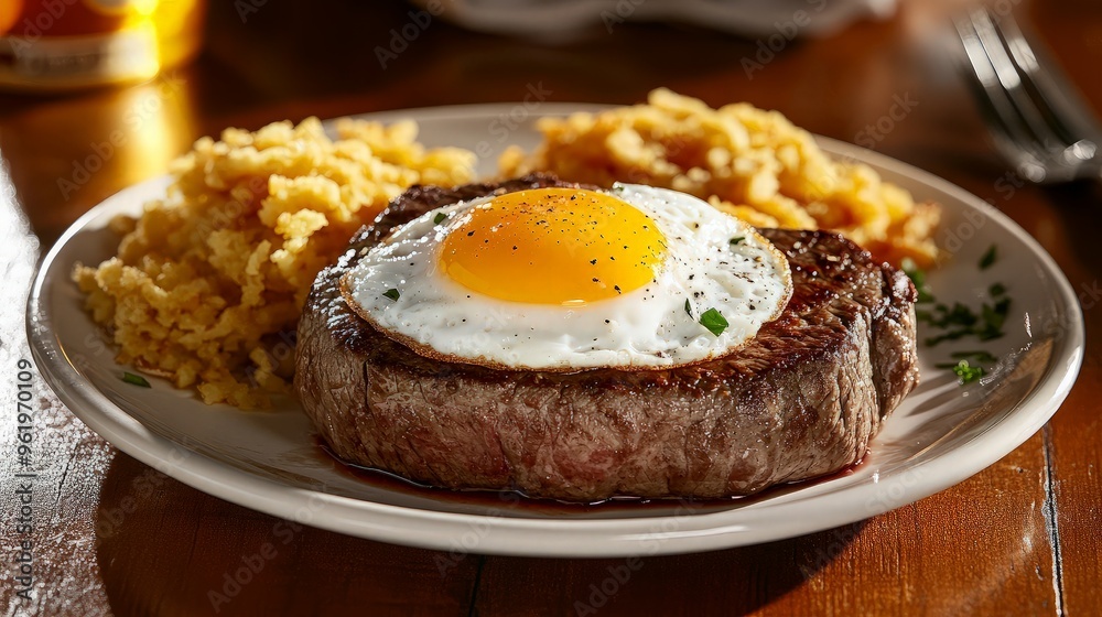 Steak, Egg, and Polenta on a White Plate Steak, Egg, and Polenta on a White Plate