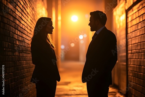 Dramatic noir inspired photograph depicting the discreet clandestine nighttime meeting of a shrewd criminal defense lawyer and their high profile client in a dimly lit