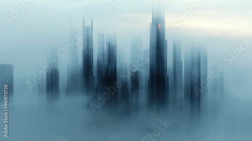 city fog boat foreground cybernetic civilizations blurred dreamy illustration anti utopia shrouded towers photo