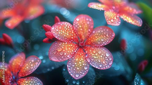 red and blue flower. Flower with water droplets, vibrant colors, and detailed center. Flower close-up showing petals and natural elements.