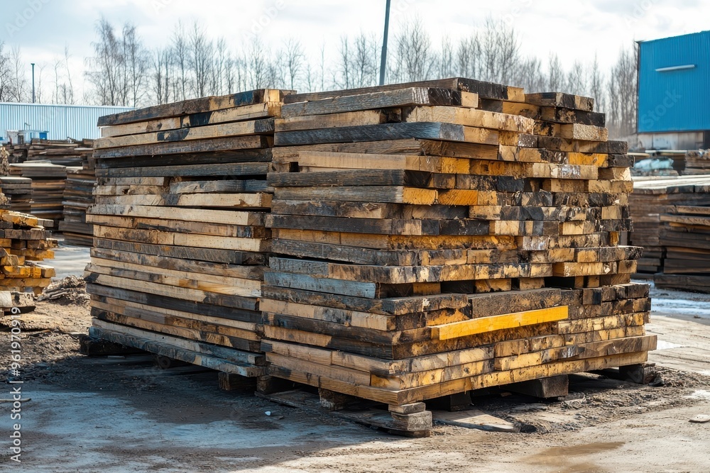 Wooden boards piled in outdoor sawmill warehouse for construction Industry Wooden boards piled in outdoor sawmill warehouse for construction Industry