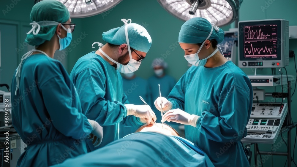 An intense surgical operation in a modern hospital setting, featuring a team of surgeons and medical staff working together with cutting-edge technology and equipment to ensure the best patient care. An intense surgical operation in a modern hospital setting, featuring a team of surgeons and medical staff working together with cutting-edge technology and equipment to ensure the best patient care.