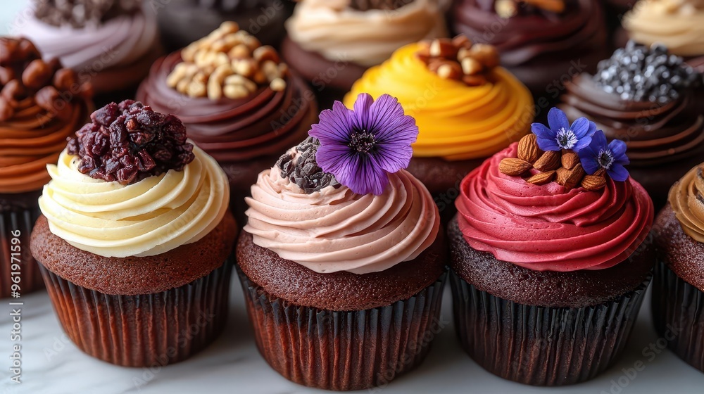 gourmet cupcake delight assortment of artisanal cupcakes with elaborate toppings like candied nuts chocolate ganache and edible flowers rich colors and textures entice the senses gourmet cupcake delight assortment of artisanal cupcakes with elaborate toppings like candied nuts chocolate ganache and edible flowers rich colors and textures entice the senses