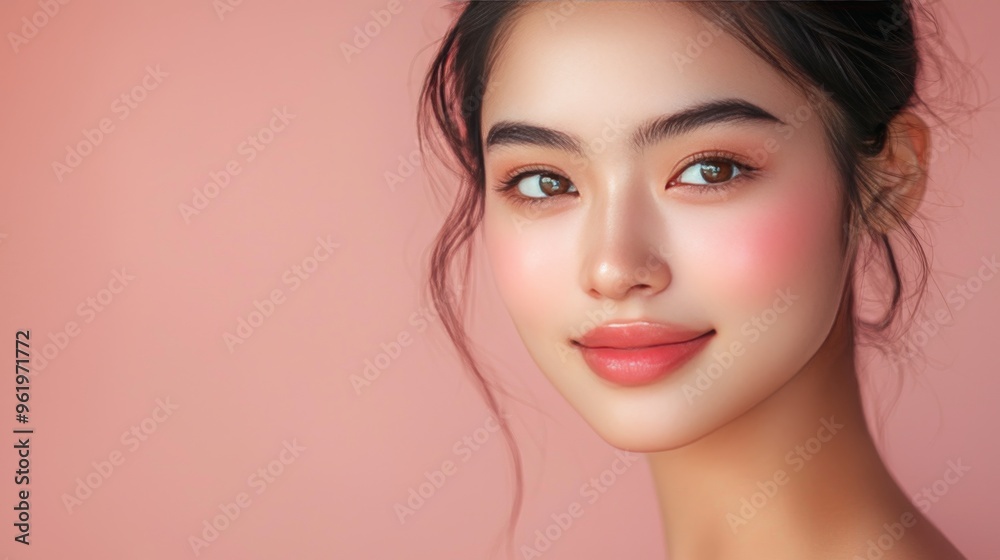 A beautiful woman with radiant skin and a soft smile against a pastel pink background, showcasing beauty and confidence. A beautiful woman with radiant skin and a soft smile against a pastel pink background, showcasing beauty and confidence.