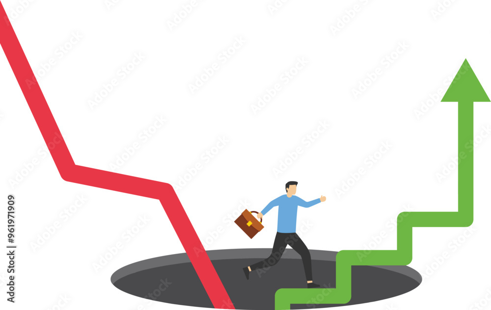 Businessman climb up ladder from deep hole. Business to survive, economic recession. Flat modern vector illustration.
Businessman climb up ladder from deep hole. Business to survive, economic recession. Flat modern vector illustration.