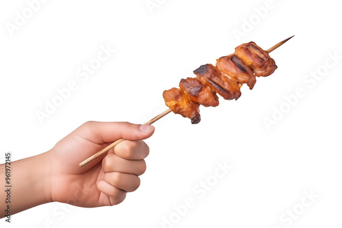 Female Hand Holding Grilled Kebab Skewers PNG Kebab Barbecue isolated on white and transparent background - Grilled meat Food Restaurant Menu Advertising Concept