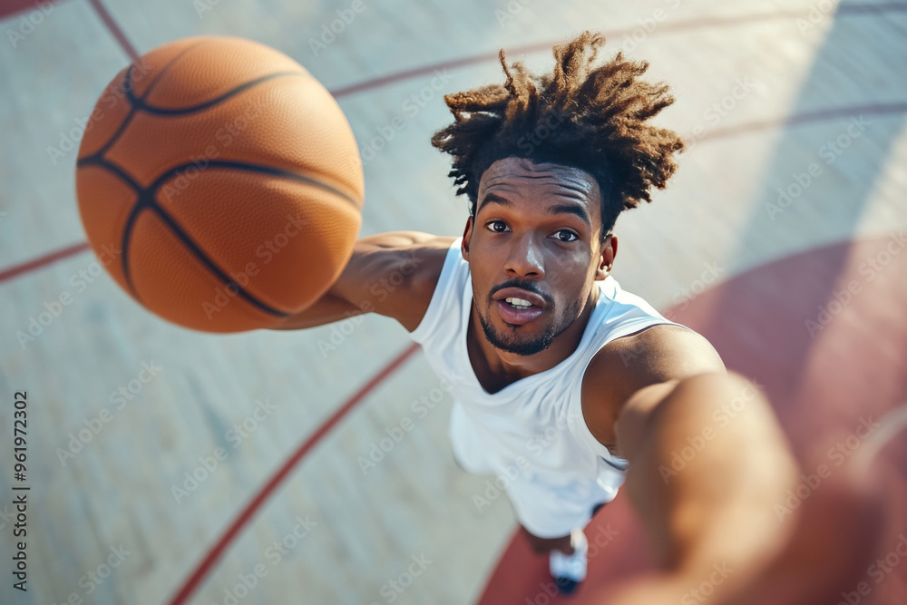 A dynamic basketball player mid-air, showcasing athleticism and passion for the game on a vibrant court. A dynamic basketball player mid-air, showcasing athleticism and passion for the game on a vibrant court.