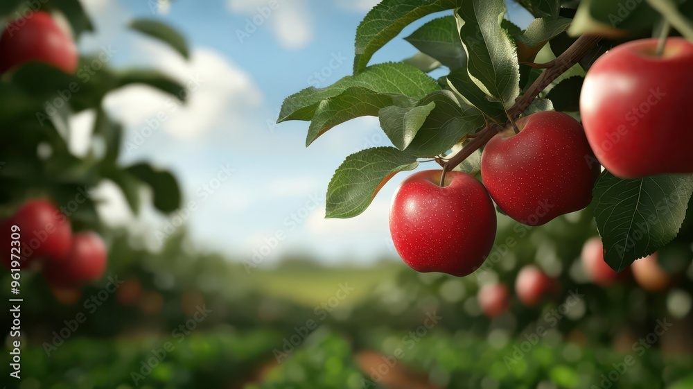 Apple orchard, trees heavy with fruit, 3D illustration, copy space for text, Apple orchard, trees heavy with fruit, 3D illustration, copy space for text,
