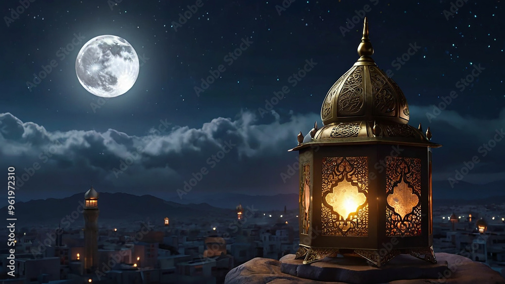 Obraz premium Islamic lantern in night with moon.