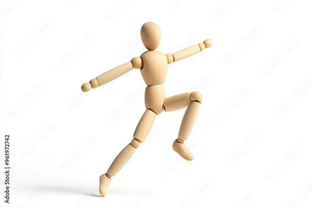 Wooden mannequin expressing joy by jumping on a white background Symbolizing happiness Wooden mannequin expressing joy by jumping on a white background Symbolizing happiness
