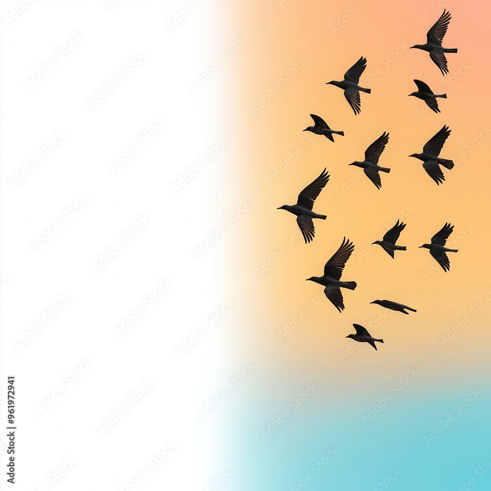Autumn sky, filled with migrating birds, 3D illustration, copy space for text, Autumn sky, filled with migrating birds, 3D illustration, copy space for text,